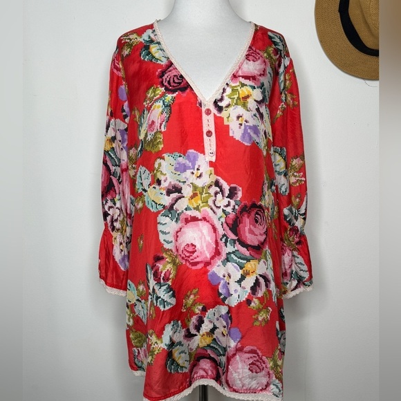 Johnny Was Red Floral 100% Silk Tunic Blouse Size L - Picture 1 of 6